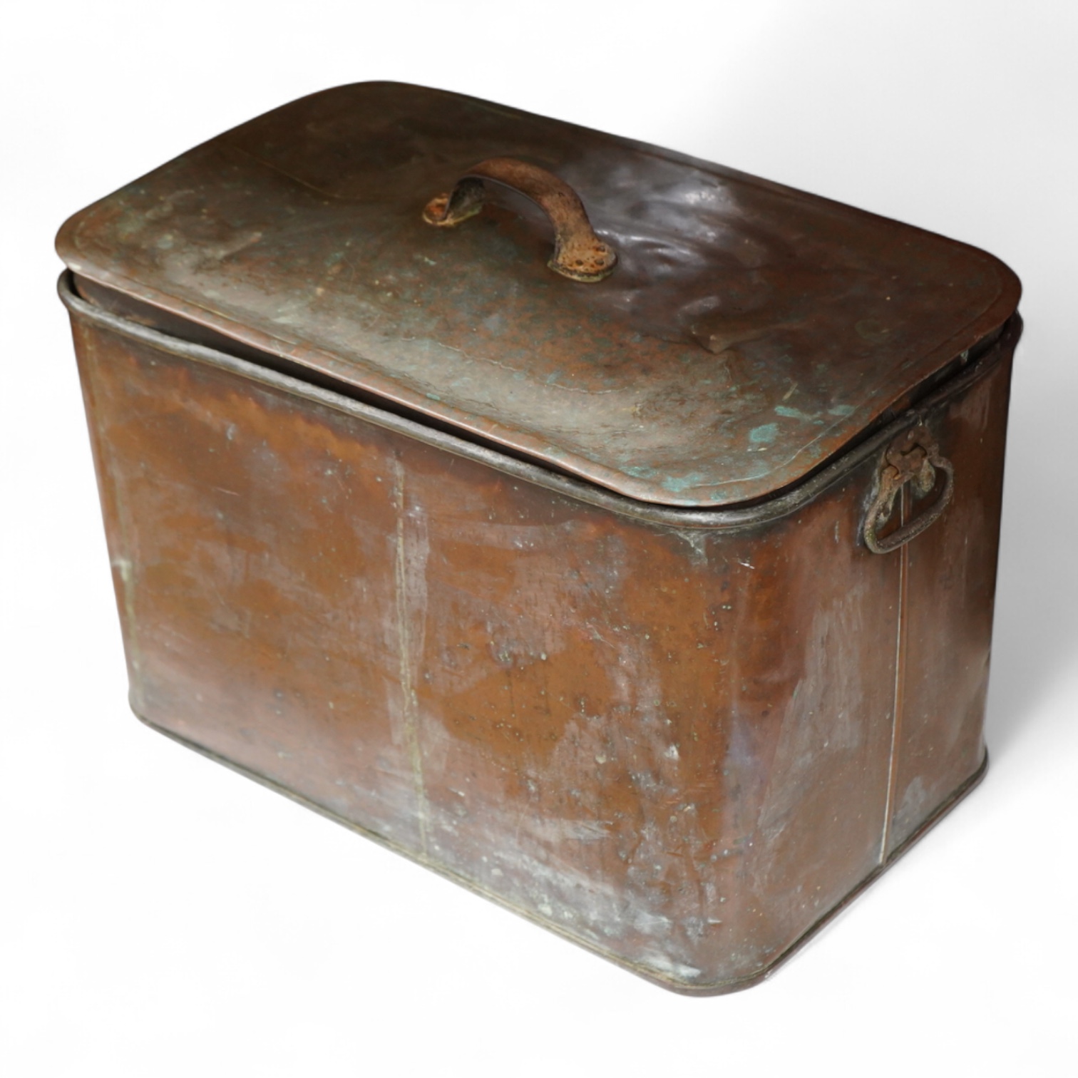 A large rectangular copper flour bin and cover, 60cm wide x 38 cm deep x 46cm high.